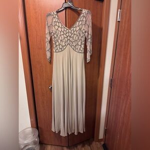J Kara New York Beige Long Sleeve Gown with Silver Detailing